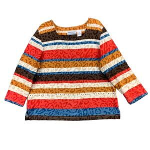 Alfred Dunner Womens Colorful Top Petite Medium Striped Embellished 3/4 Sleeve